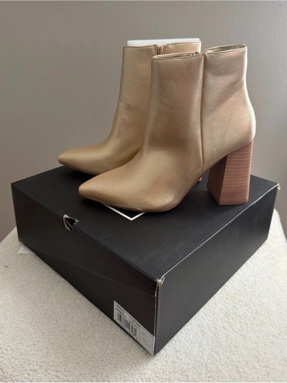 ShuShop Champagne Metallic Pointed Toe Block Heel Ankle Boots